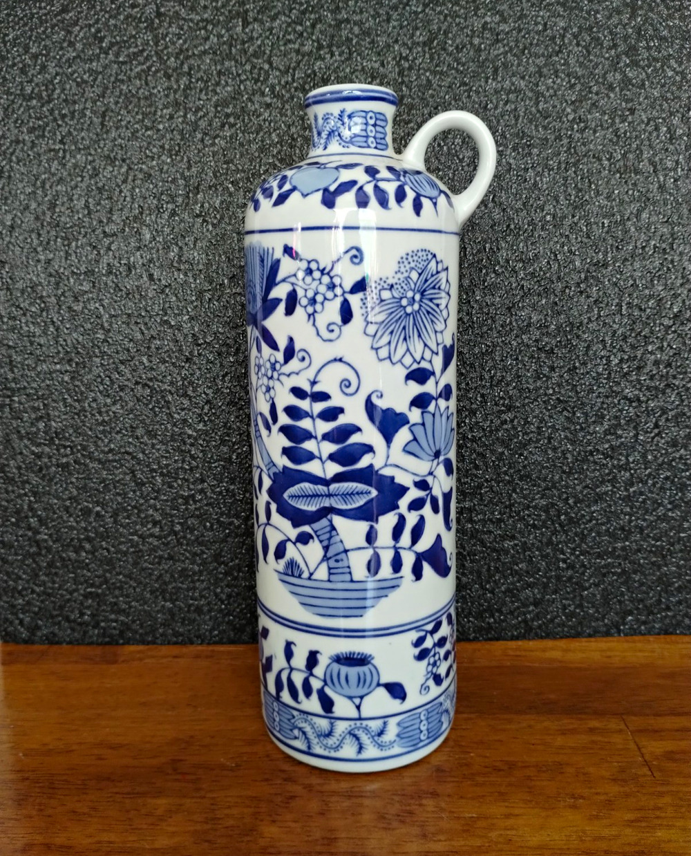 Vintage Blue & White Floral Ceramic Cylindrical Vase with Handle (11")